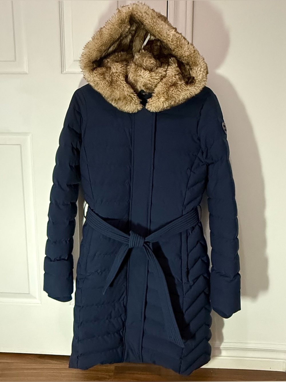 Abercrombie & Fitch Blue Down Puffer Coat Long Hooded Faux Fur Trim Women's XS
